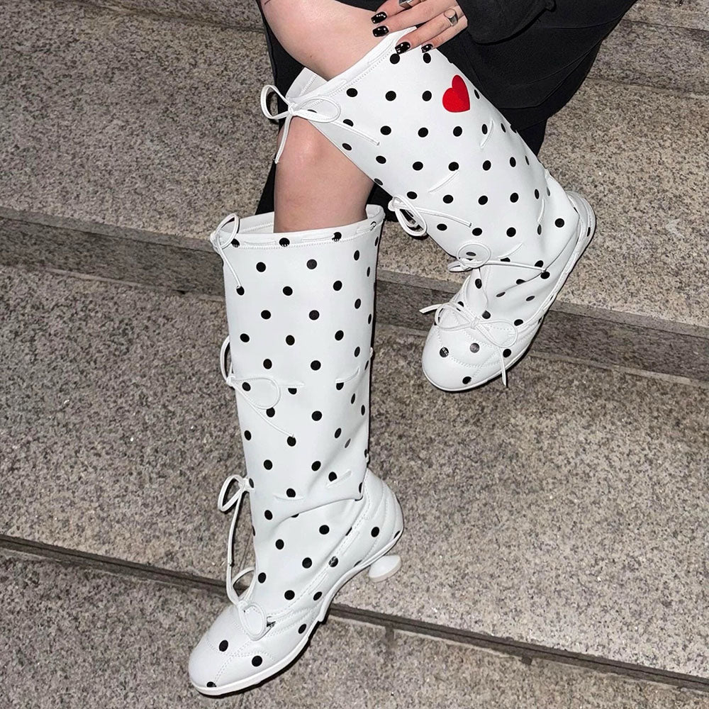 Polka Dot Heart Kitten Heel Boots