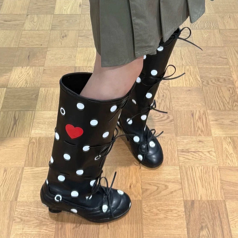 Polka Dot Heart Kitten Heel Boots