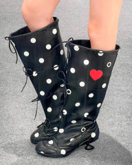 Polka Dot Heart Kitten Heel Boots