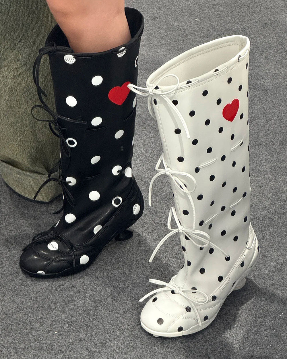 Polka Dot Heart Kitten Heel Boots