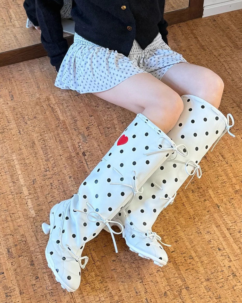 Polka Dot Heart Kitten Heel Boots