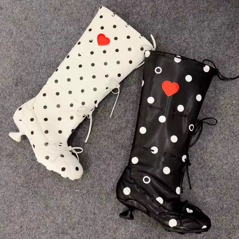 Polka Dot Heart Kitten Heel Boots