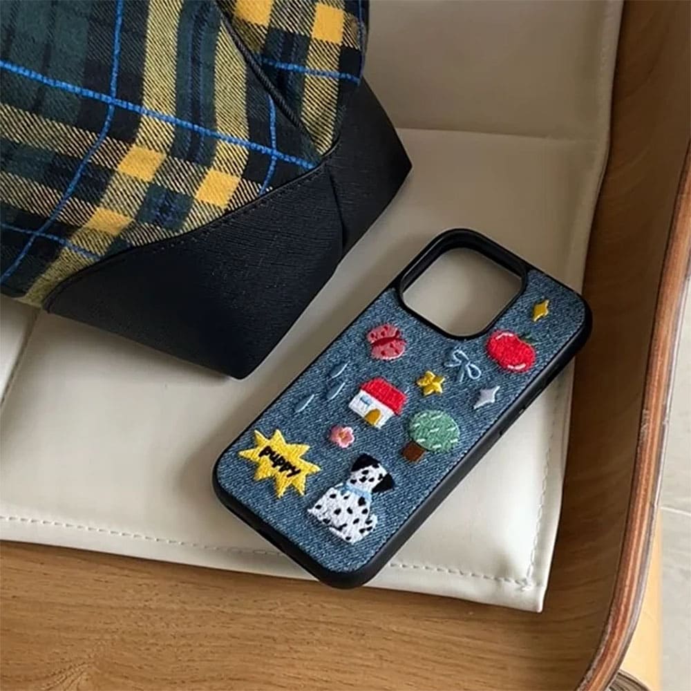Puppy Embroidered Denim iPhone Case