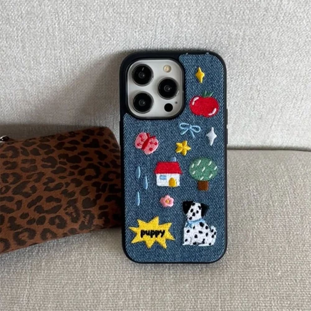 Puppy Embroidered Denim iPhone Case