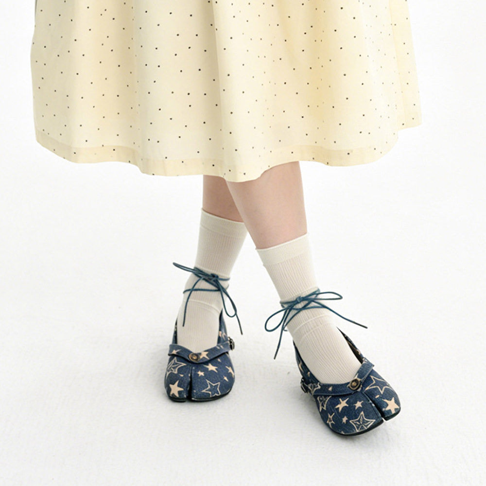 Star Print Denim Tabi Ballet Flats