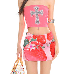 Strawberry Print Y2K Mini Skirt