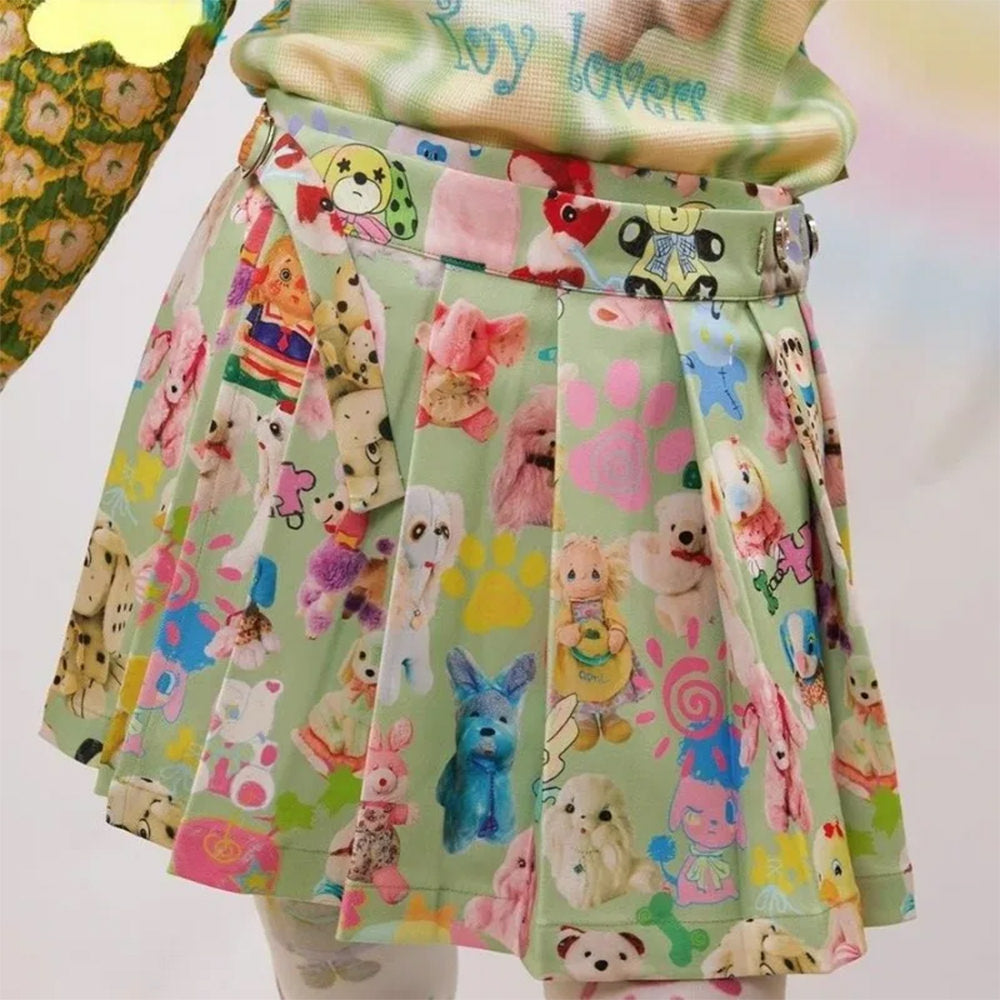 Toy Print Pleated Mini Skirt