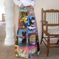 Y2K Cat Collage Midi Skirt