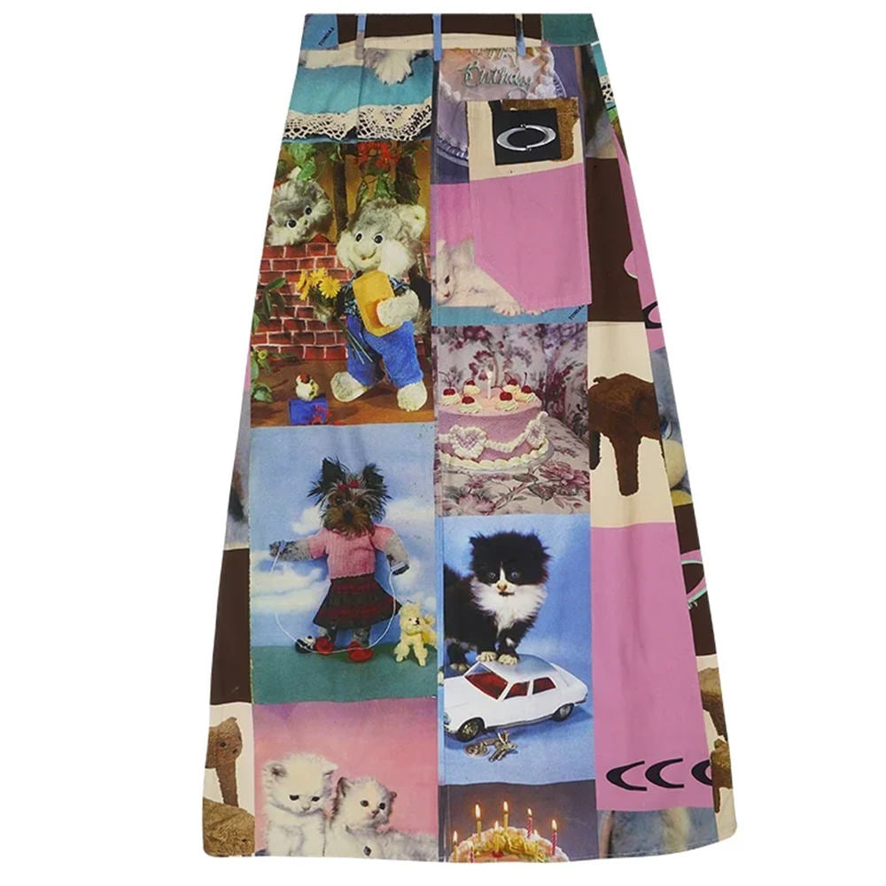 Y2K Cat Collage Midi Skirt