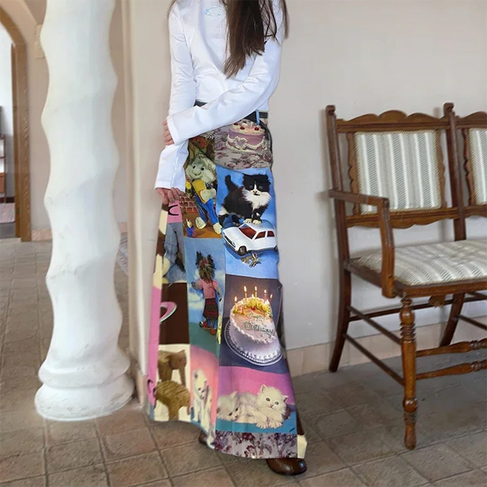 Y2K Cat Collage Midi Skirt