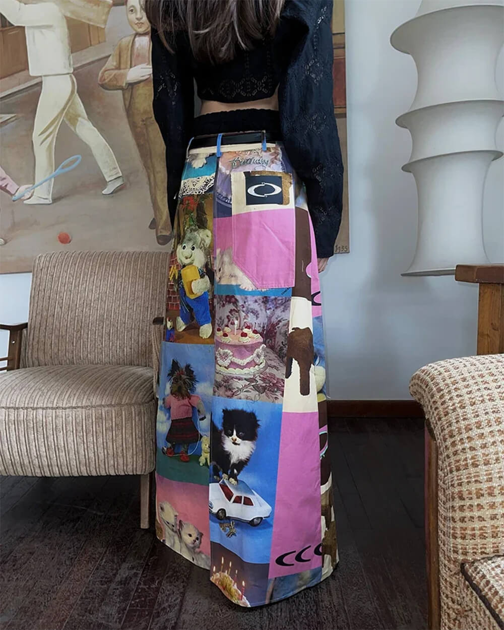 Y2K Cat Collage Midi Skirt