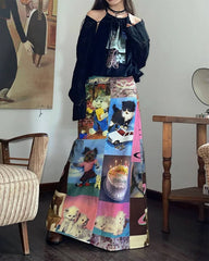 Y2K Cat Collage Midi Skirt