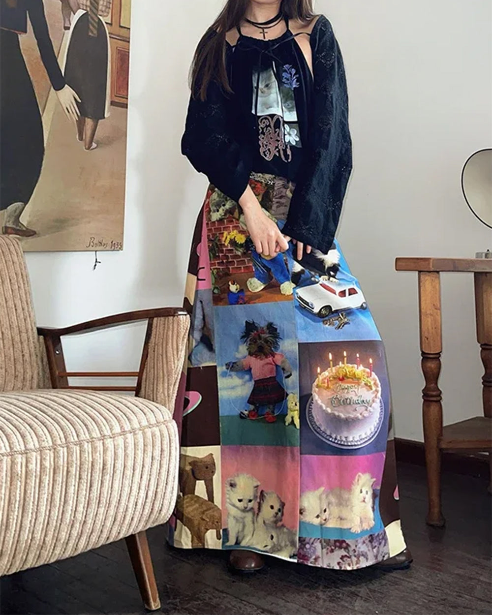 Y2K Cat Collage Midi Skirt