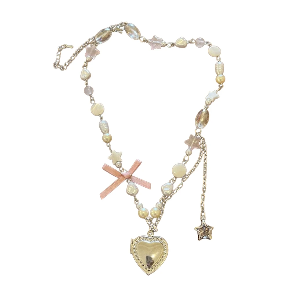 Y2K Heart Bow Pendant Necklace